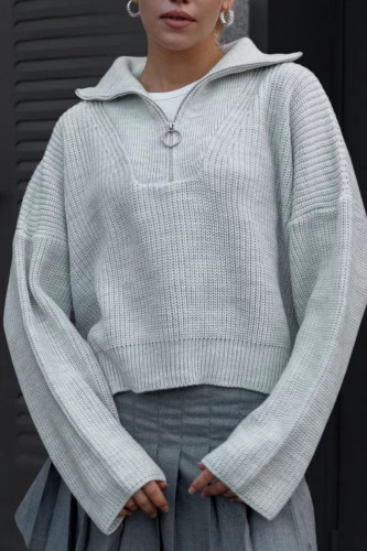 Zipper Lapel Solid Color Long Sleeve Sweater