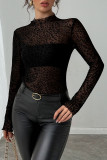 High Neck Long Sleeved Leopard Print Mesh Shirt