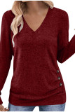 V-neck Solid Color Button Long Sleeved T-shirt