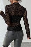 High Neck Long Sleeved Leopard Print Mesh Shirt