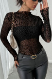 High Neck Long Sleeved Leopard Print Mesh Shirt