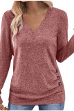 V-neck Solid Color Button Long Sleeved T-shirt