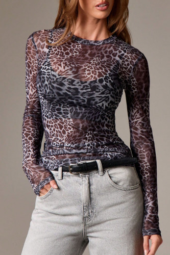 Mesh Round Neck Leopard Print T-shirt