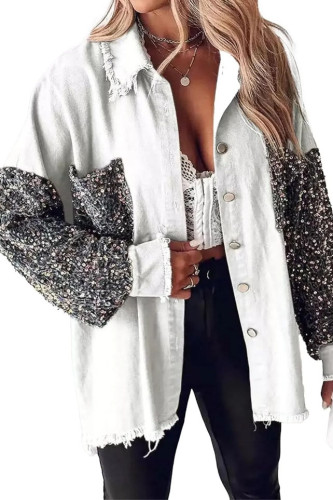 Sequined Long Sleeved Lapel Denim Jacket