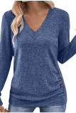 V-neck Solid Color Button Long Sleeved T-shirt