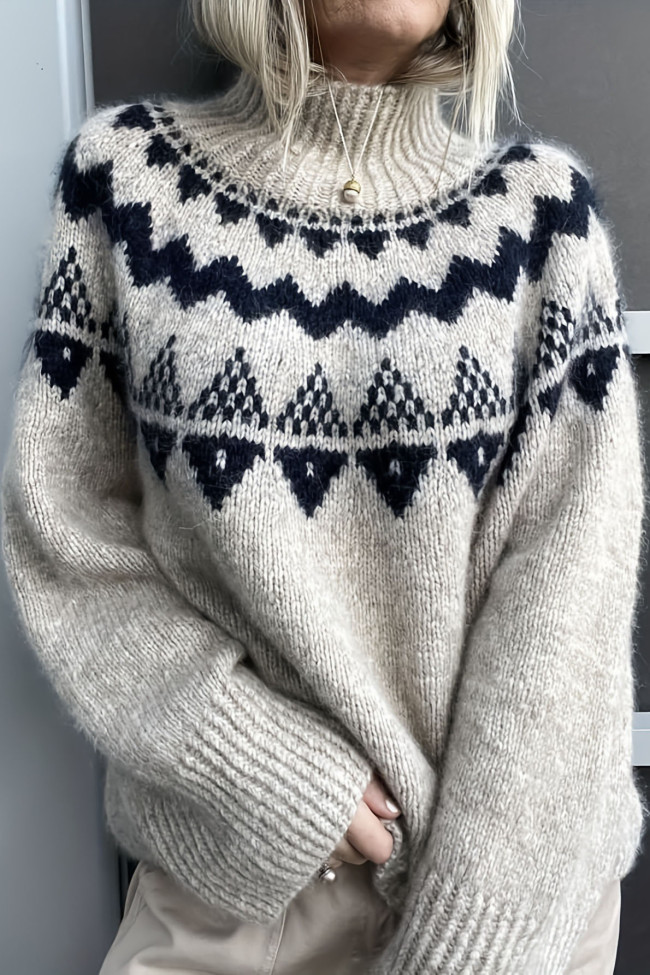 Vintage High Neck Jacquard Long Sleeve Sweater