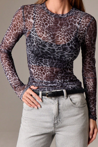 Mesh Round Neck Leopard Print T-shirt