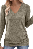 V-neck Solid Color Button Long Sleeved T-shirt