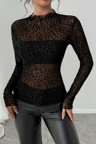 High Neck Long Sleeved Leopard Print Mesh Shirt