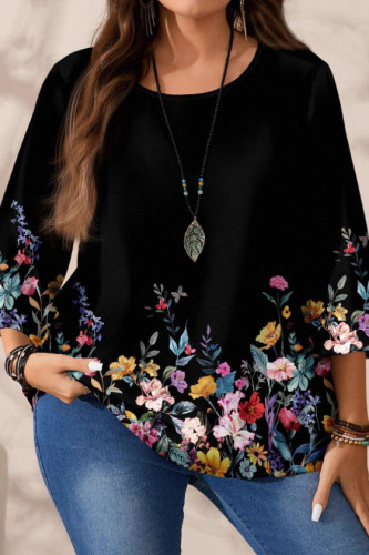 Large Size Flower Print Seven Quarter Sleeved Shirt