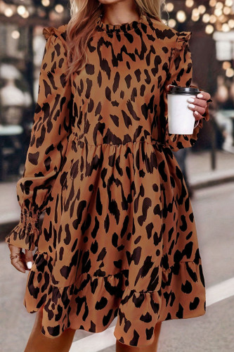 Leopard Print Long Sleeved Waist Cinching Dress