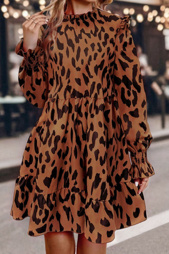 Leopard Print Long Sleeved Waist Cinching Dress