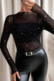 Mesh Transparent Rhinestone Long Sleeved T-shirt