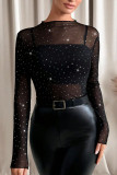 Mesh Transparent Rhinestone Long Sleeved T-shirt