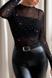 Mesh Transparent Rhinestone Long Sleeved T-shirt