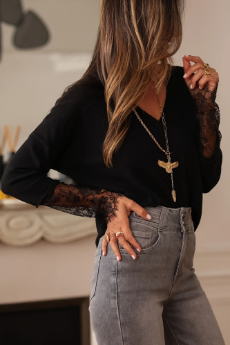 Solid Color Lace Long Sleeved V-neck Shirt
