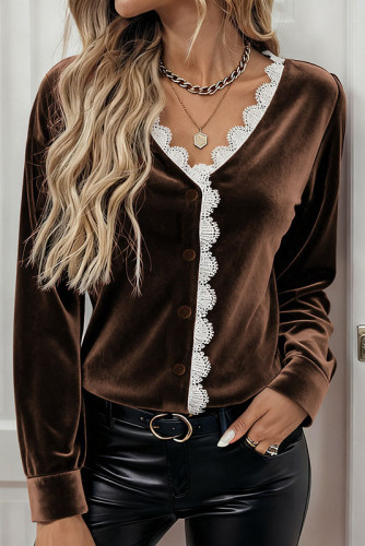 Retro Velvet V-neck Lace Long Sleeved Shirt