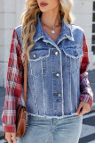 Checkered Print Lapel Long Sleeved Denim Jacket