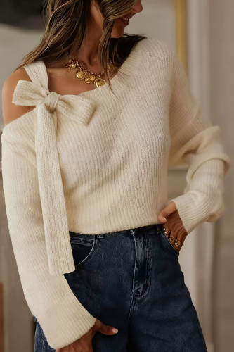 Solid Color Bow Neck Long Sleeve Sweater