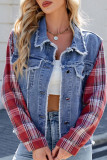 Checkered Print Lapel Long Sleeved Denim Jacket