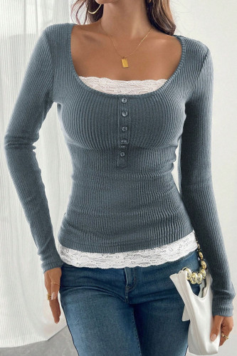 Round Neck Lace Slim Fit Long Sleeved Shirt