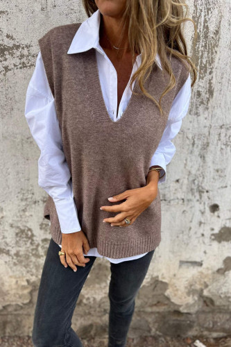 V-neck Knitted Solid Color Sleeveless Sweater