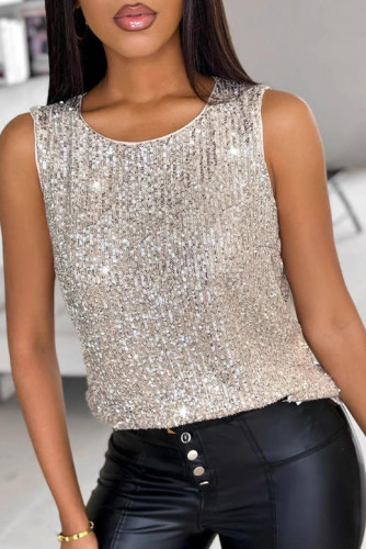 Sequined Loose Round Neck Sleeveless Vest