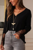 Solid Color Lace Long Sleeved V-neck Shirt