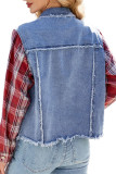 Checkered Print Lapel Long Sleeved Denim Jacket