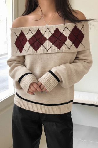 One Shoulder Collar Long Sleeved Knitted Sweater