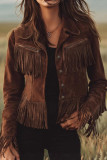 Suede Solid Color Lapel Tassel Long Sleeved Jacket