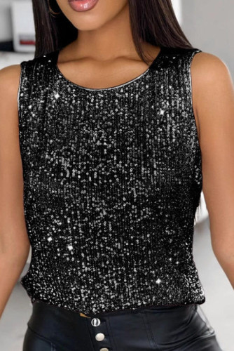 Sequined Loose Round Neck Sleeveless Vest