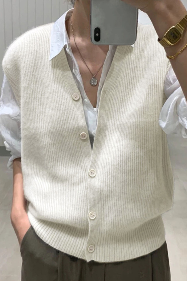 V-neck Sleeveless Solid Color Cardigan Vest