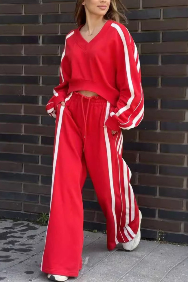 V-neck Long Sleeve Sweatshirt Pants Two-piece Set