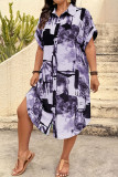 Lapel Bat Short Sleeve Geometric Print Shirt Dress