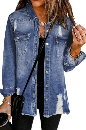 Ripped Long Sleeved Lapel Cardigan Denim Shirt
