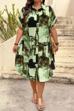 Lapel Bat Short Sleeve Geometric Print Shirt Dress