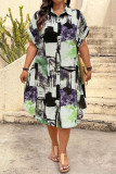 Lapel Bat Short Sleeve Geometric Print Shirt Dress