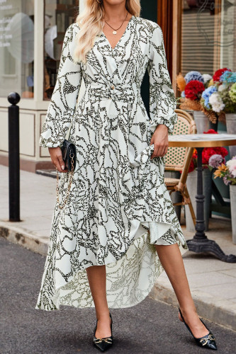 Printed V-neck Lantern Long Sleeve Dress