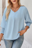 Solid Color V-neck Seven Quarter Sleeved Shirt