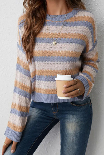 Retro Round Neck Striped Long Sleeved Sweater