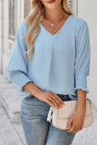 Solid Color V-neck Seven Quarter Sleeved Shirt