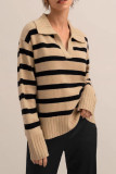 Polo Collar Striped Long Sleeved Knitted Sweater