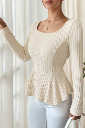 Solid Color Knitted Square Neck Long Sleeved T-shirt