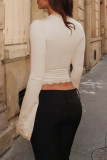 U-neck Lace Long Sleeved Solid Color Shirt