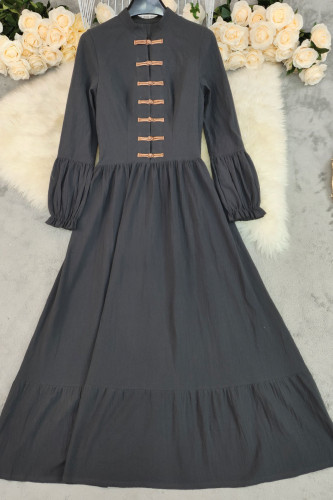 Palace Style Solid Color High Waisted Long Sleeved Dress