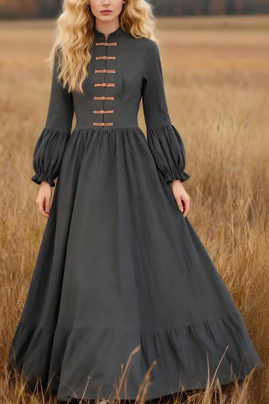 Palace Style Solid Color High Waisted Long Sleeved Dress