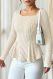 Solid Color Knitted Square Neck Long Sleeved T-shirt