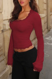 U-neck Lace Long Sleeved Solid Color Shirt
