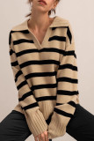 Polo Collar Striped Long Sleeved Knitted Sweater